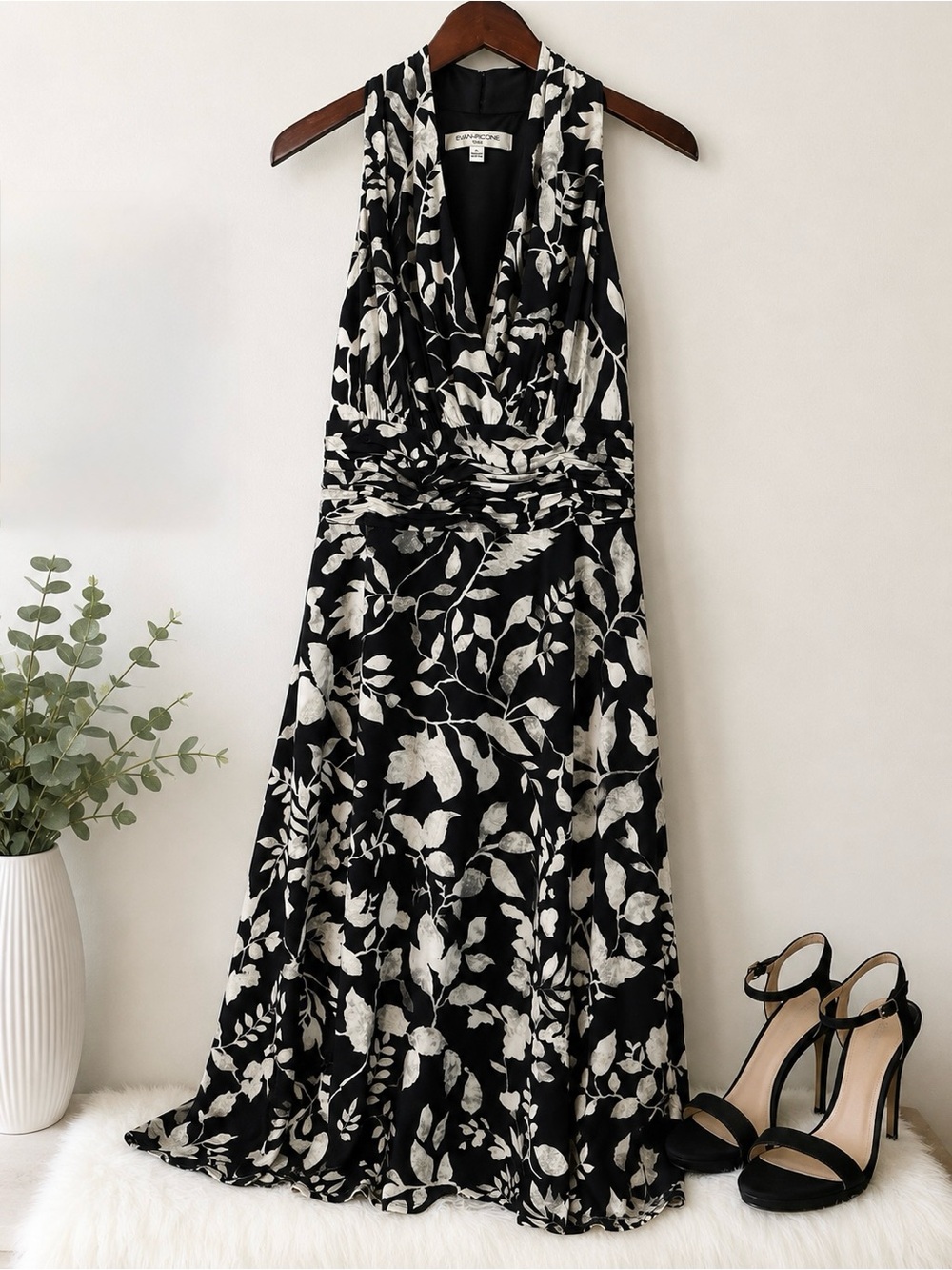 Evan Picone Black and White Floral Halter Maxi Dress